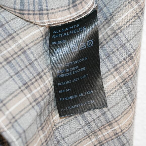 All Saints x Shuttle Nots Japan Komoro LS Shirt Gray beige Plaid size Medium - Picture 5 of 8